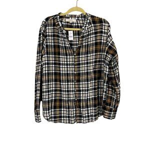 Loft Top Women XL Black V Neck Pullover Tan Plaid Tunic Country Concert Retro 80